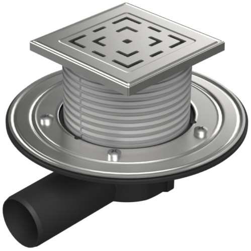 Floor drain with side outlet D50, stainless steel flange, frame, grid ...