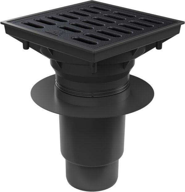 Bottom street drain, outlet D110 dry flap, collar, cast iron grid, SPACE